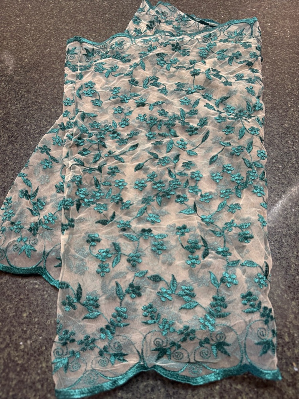 Sheer Floral Embroidered Infinity Scarf in Teal